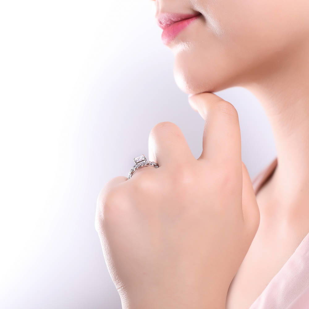 Solitaire Leaf Filigree Princess CZ Ring Set in Sterling Silver