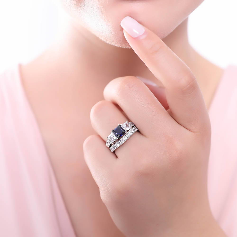 3-Stone Sapphire-Blue Princess CZ Ring Set in Sterling Silver