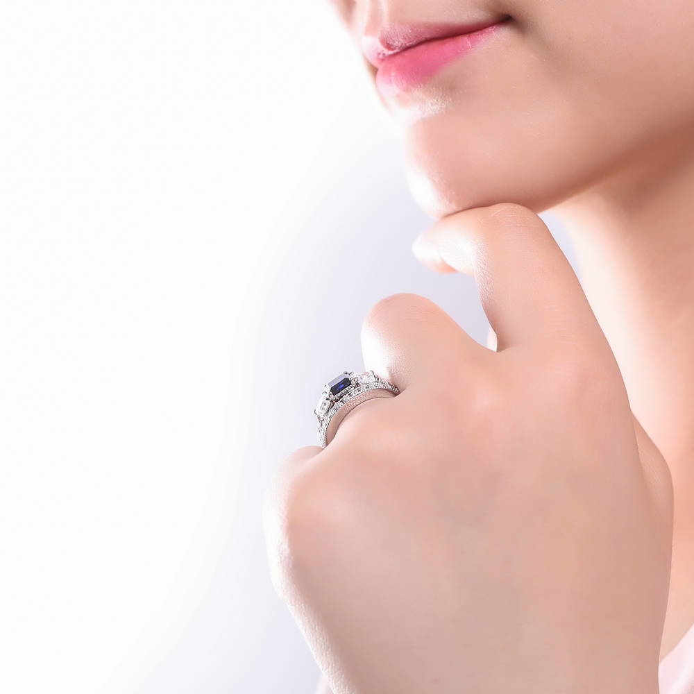 3-Stone Sapphire-Blue Princess CZ Ring Set in Sterling Silver