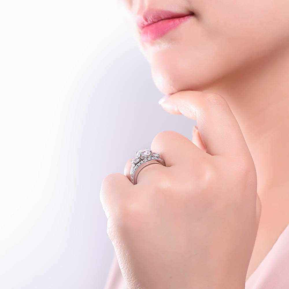 Model wearing 3-Stone 2.4ct CZ Ring Set in Sterling Silver, 7 of 13