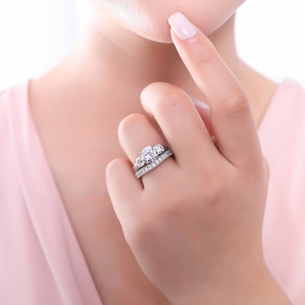 Model wearing 3-Stone 2.4ct CZ Ring Set in Sterling Silver, 6 of 13
