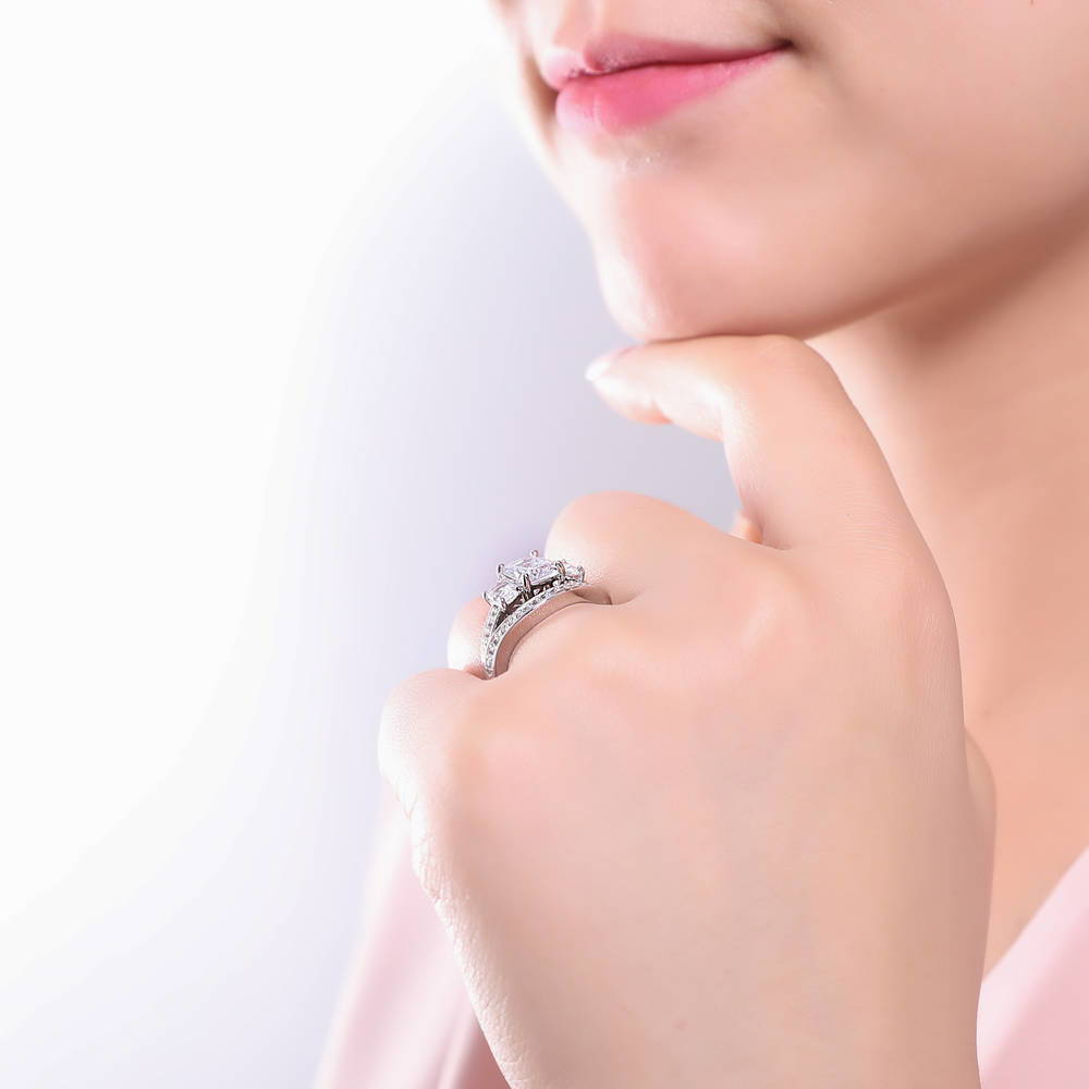 3-Stone 2.6ct Cushion CZ Ring Set in Sterling Silver