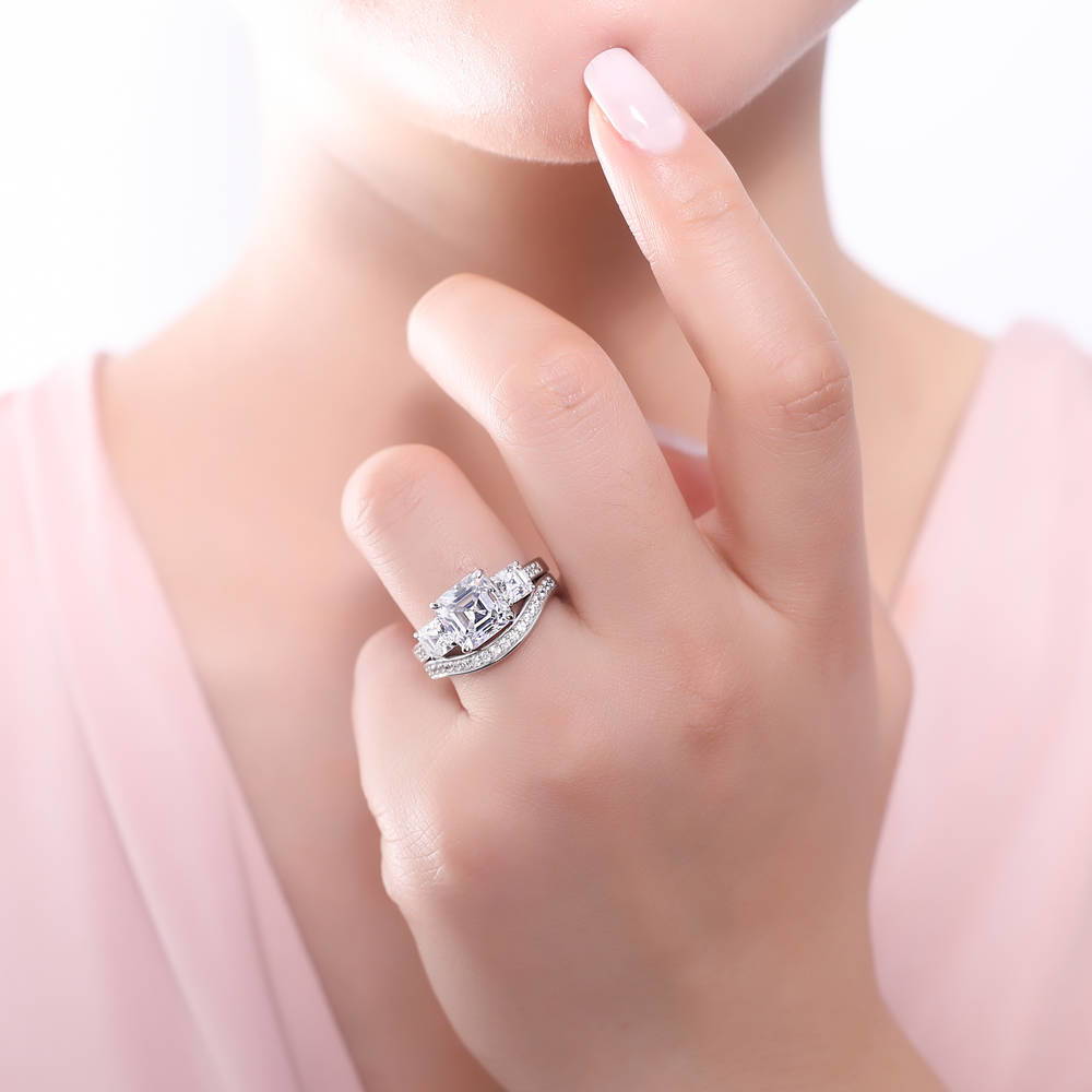 Model wearing Pave CZ Eternity Ring in Sterling Silver, 9 of 19