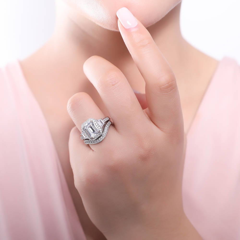 Halo Emerald Cut CZ Ring in Sterling Silver