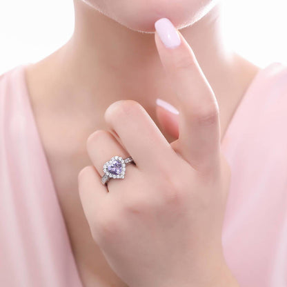 Halo Heart Purple Heart CZ Ring in Sterling Silver