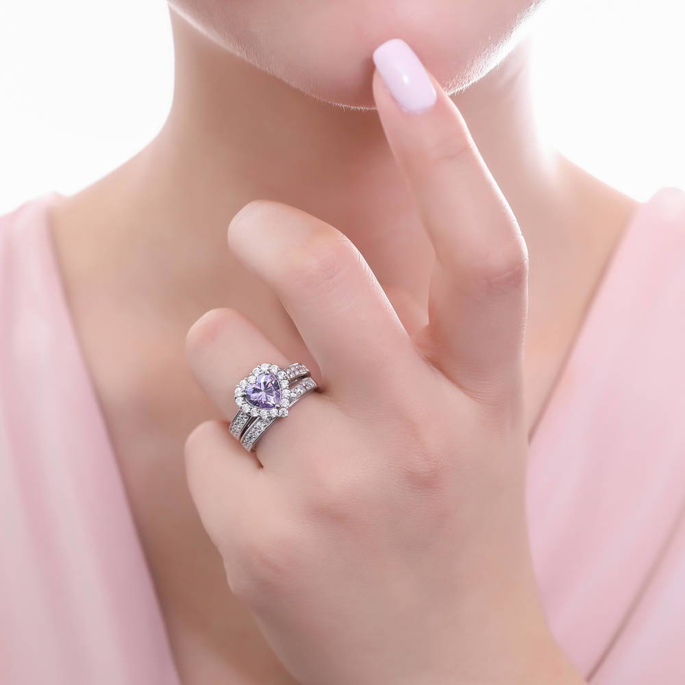 Model wearing Halo Heart Purple Heart CZ Ring Set in Sterling Silver, 6 of 18