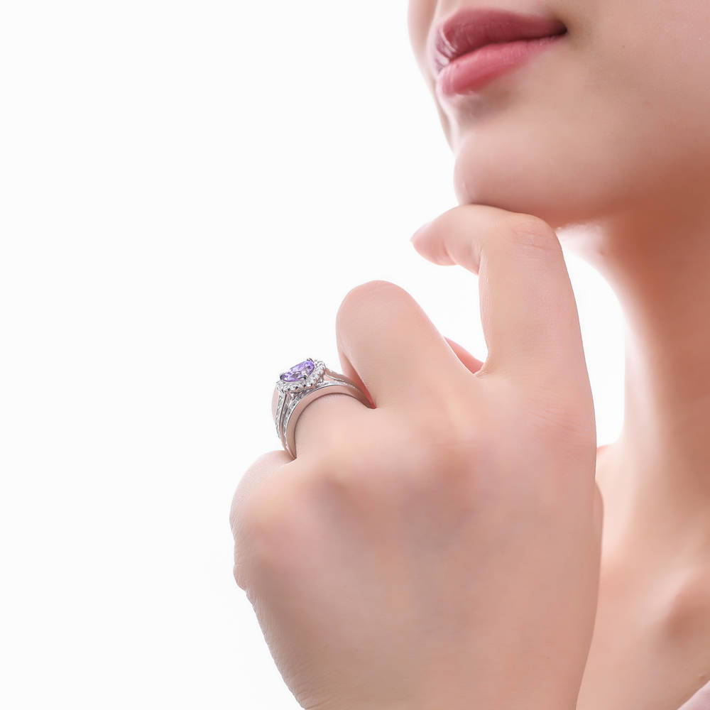 Model wearing Halo Heart Purple Heart CZ Ring Set in Sterling Silver, 11 of 18