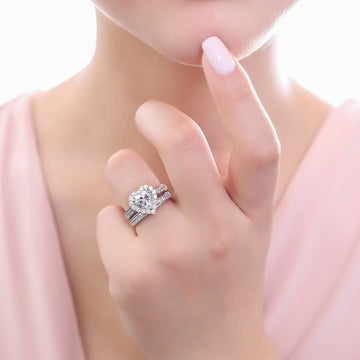 Halo Heart CZ Statement Ring Set in Sterling Silver