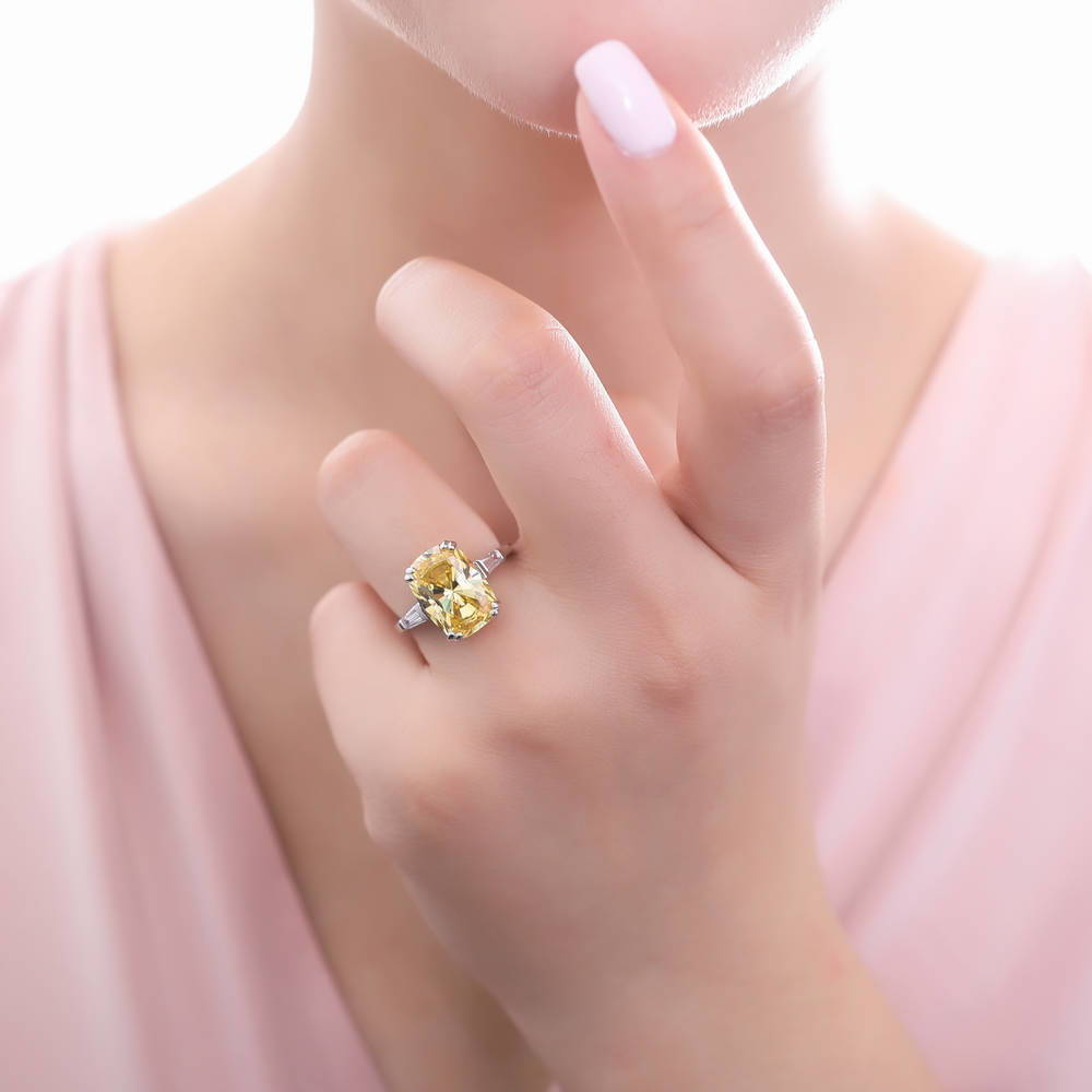 3-Stone 9ct Canary Yellow Cushion CZ Ring in Sterling Silver
