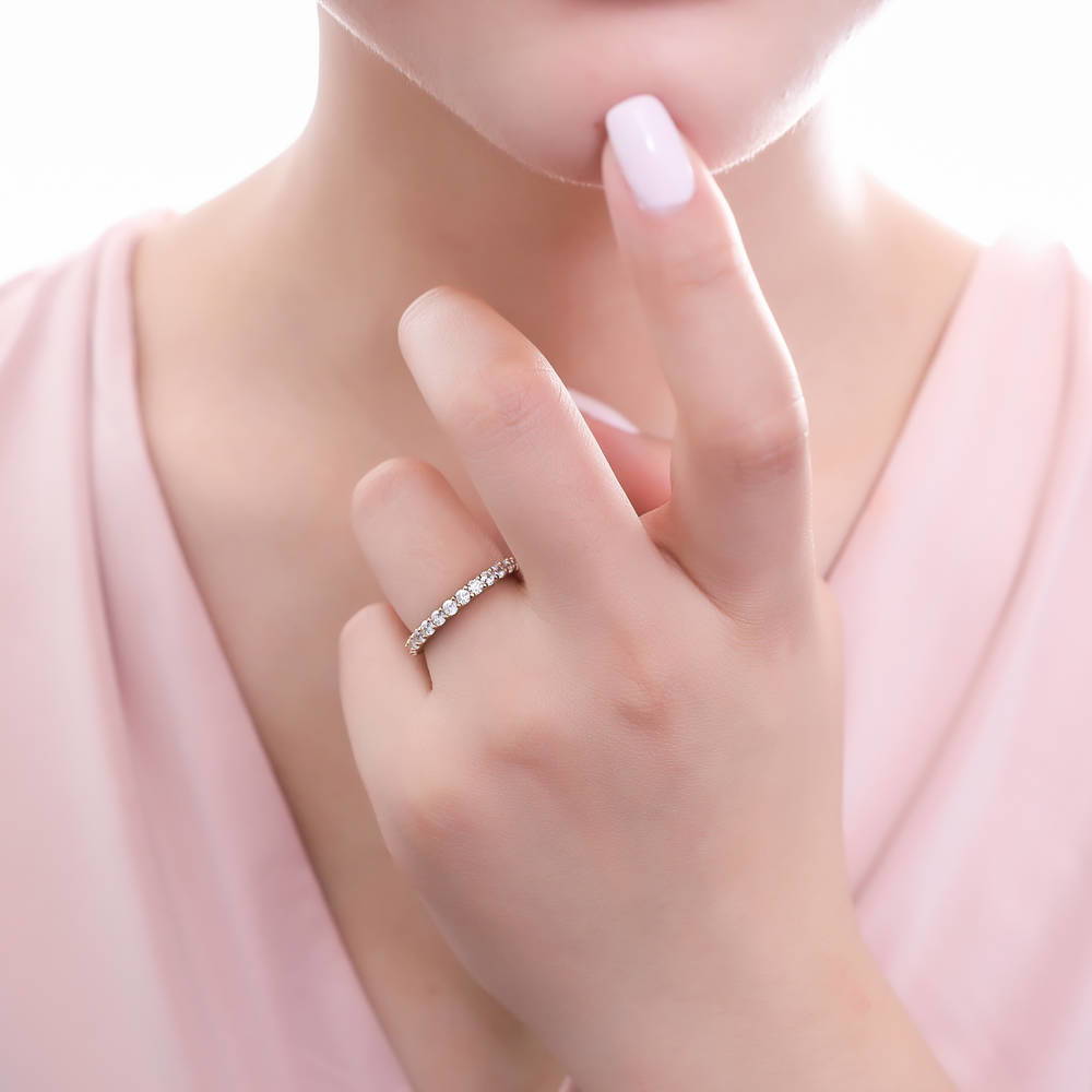 Model wearing Pave CZ Eternity Ring in Gold Flashed Sterling Silver, 2 of 10