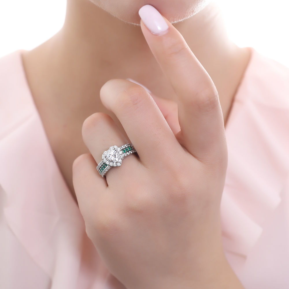 Model wearing Halo Heart Heart CZ Insert Ring Set in Sterling Silver, 2 of 8