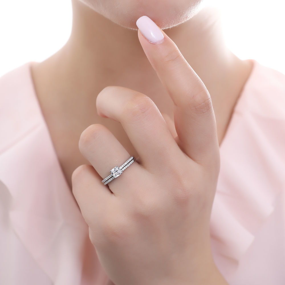 Model wearing Solitaire 0.6ct Cushion CZ Ring Set in Sterling Silver, 6 of 10