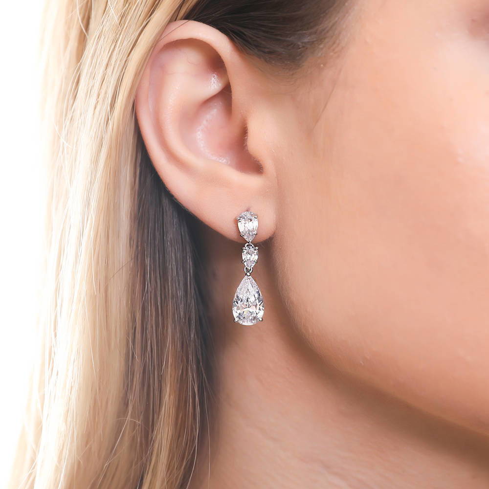 Sterling Silver Rhodium-plated CZ Pavé, Pear Dangle Post Earrings: Precious  Accents, Ltd.