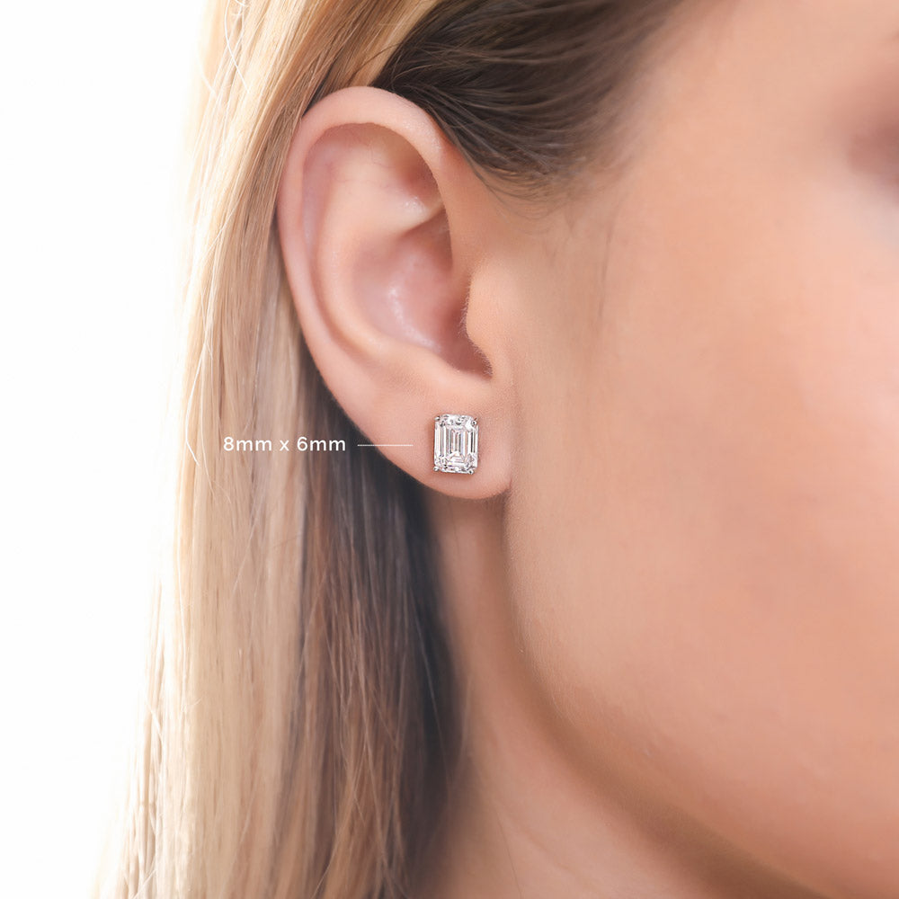 Solitaire Emerald Cut CZ Stud Earrings in Sterling Silver