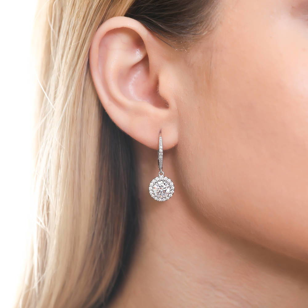 Model wearing Halo CZ Leverback Earrings in Sterling Silver, 2 of 4