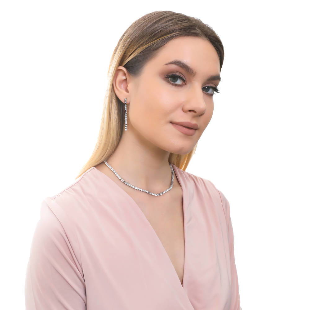 Model wearing Bar Art Deco CZ Earrings in Sterling Silver, 8 of 10