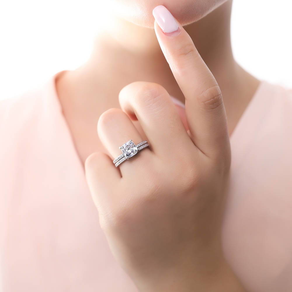 Model wearing Pave CZ Eternity Ring in Sterling Silver, 8 of 19