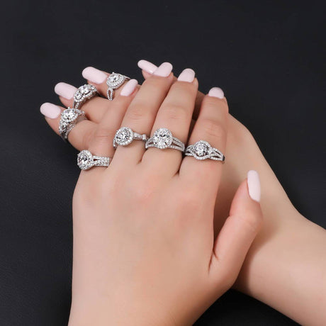 Image Contain: Model Wearing 3-Stone Ring, 3-Stone Split Shank Ring, Halo Ring, Halo Split Shank Ring