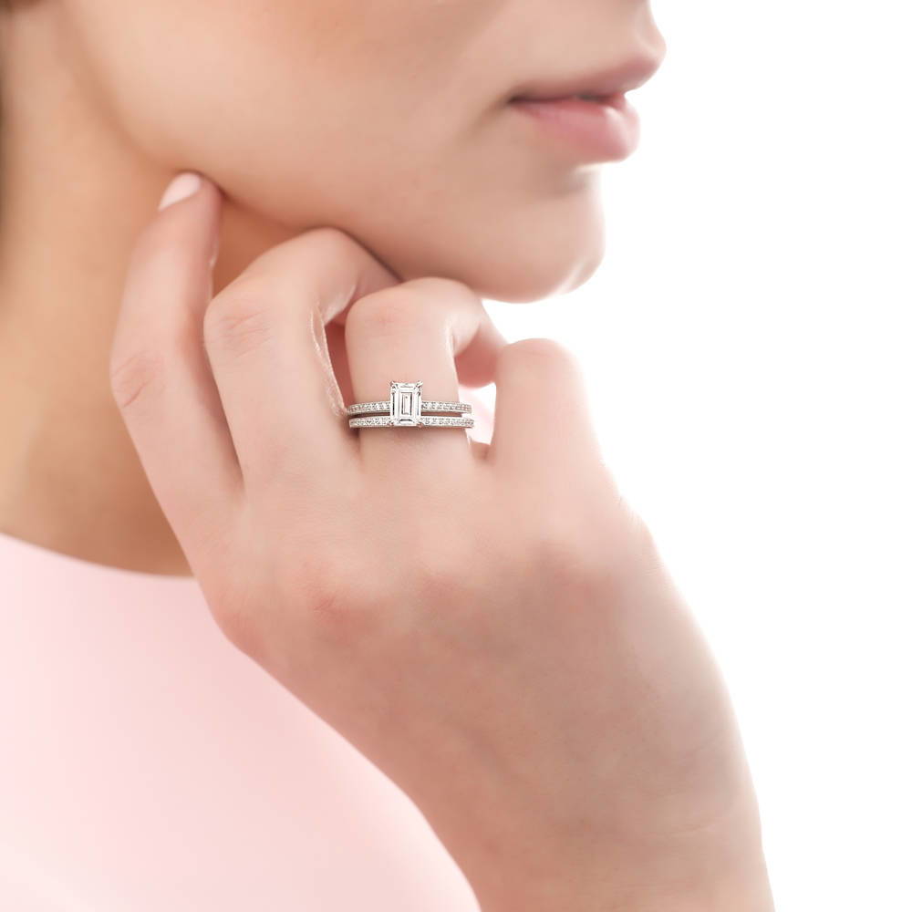 Model wearing Pave CZ Eternity Ring in Sterling Silver, 6 of 19