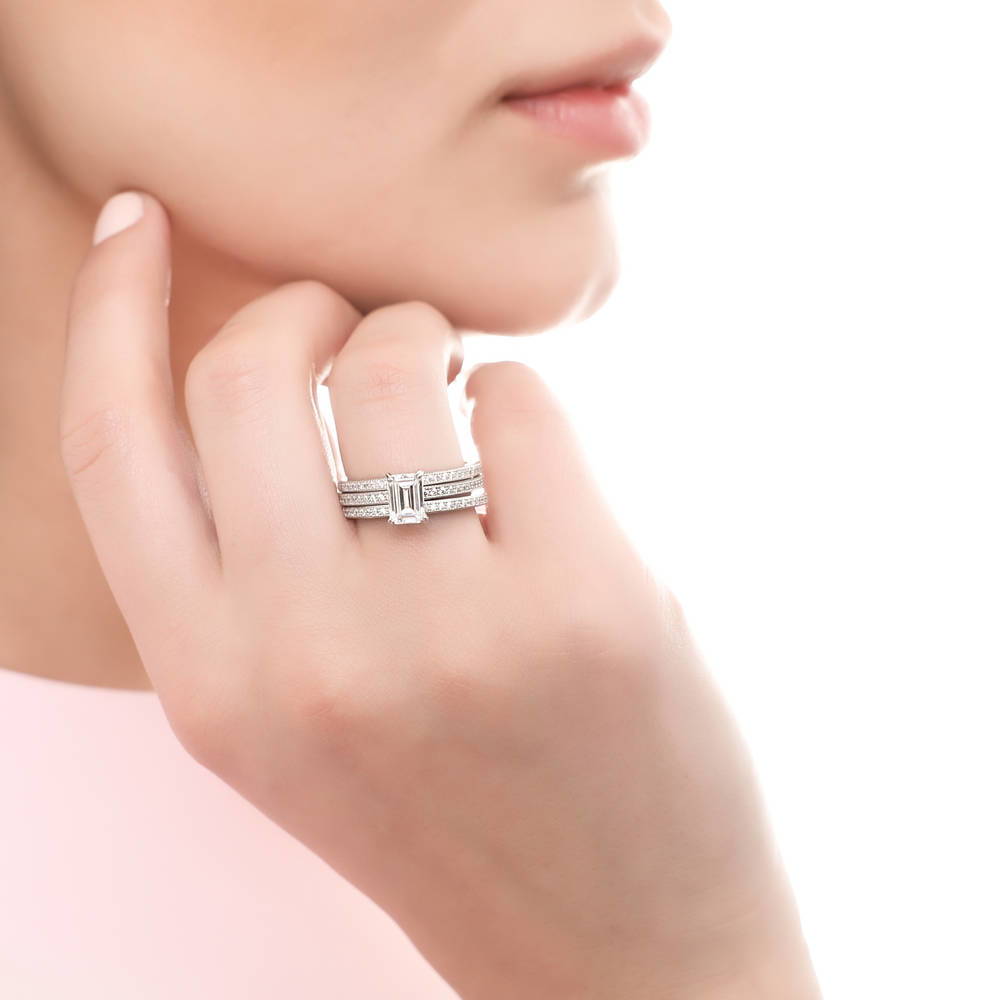 Model wearing Pave CZ Eternity Ring in Sterling Silver, 18 of 19