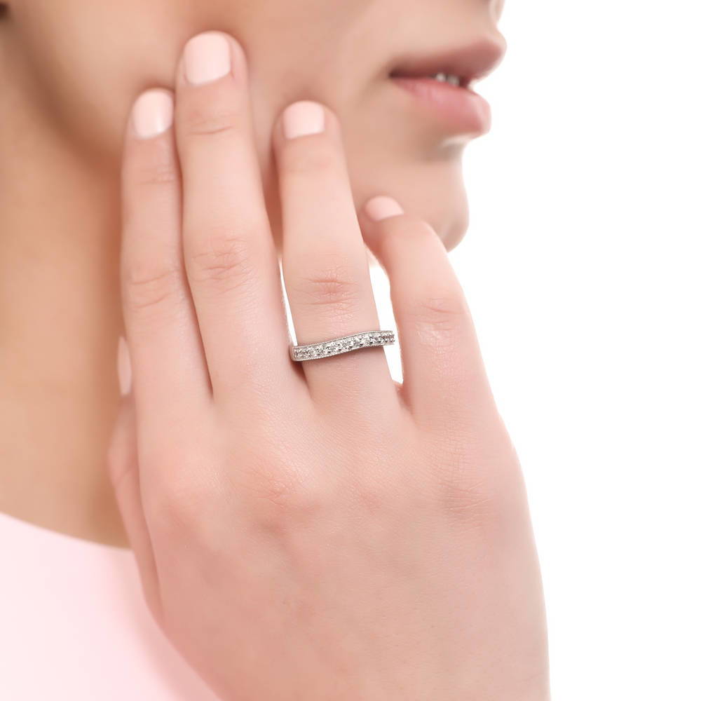 Model wearing 3-Stone 1.5ct Cushion CZ Ring Set in Sterling Silver, 10 of 10