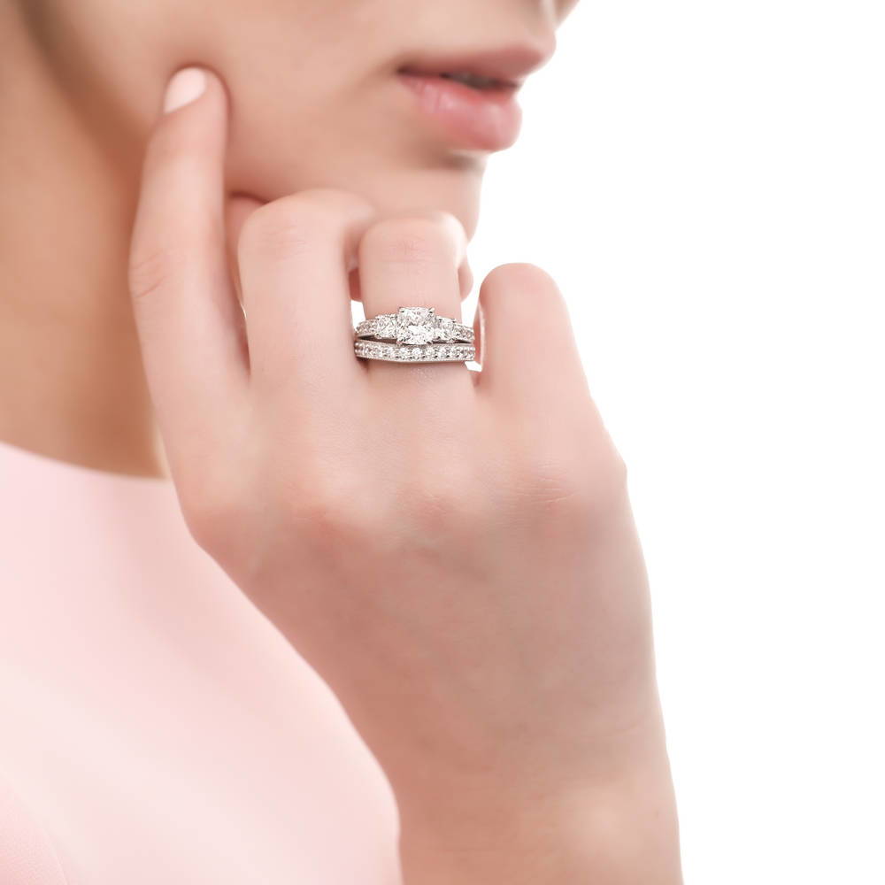 Model wearing 3-Stone 1.5ct Cushion CZ Ring Set in Sterling Silver, 2 of 10