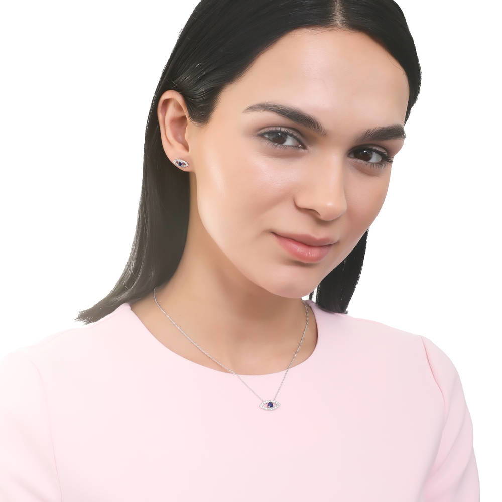 Model wearing Evil Eye CZ Pendant Necklace in Sterling Silver, 3 of 6