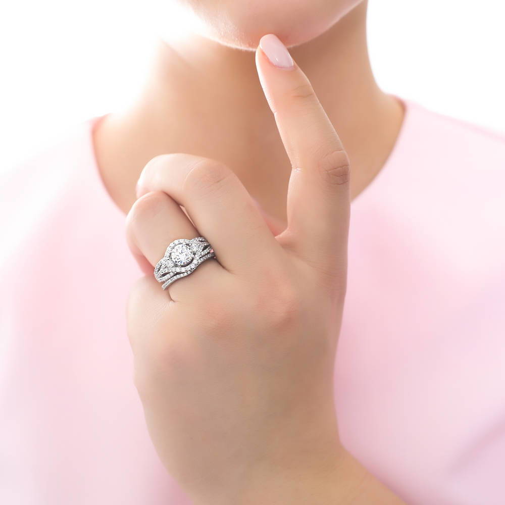 Model wearing 3-Stone Wishbone 1.25ct CZ Ring Set in Sterling Silver, 6 of 14