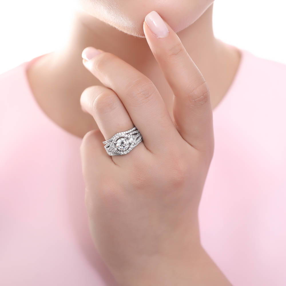 Model wearing 3-Stone Wishbone 1.25ct CZ Ring Set in Sterling Silver, 6 of 17