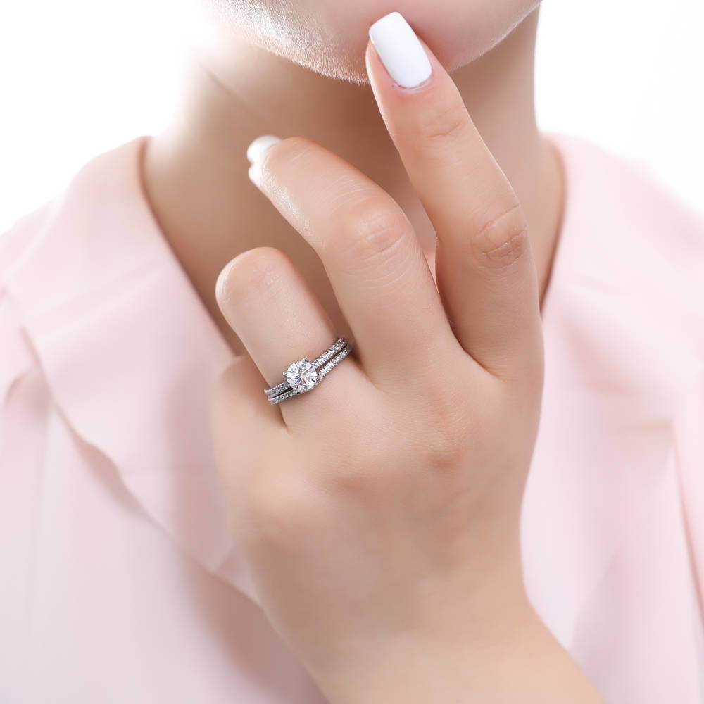 Model wearing Wishbone Pave CZ Eternity Ring in Sterling Silver, 15 of 19