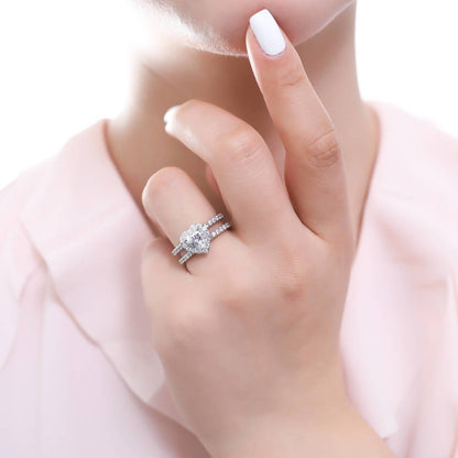 Halo Heart Heart CZ Insert Ring Set in Sterling Silver