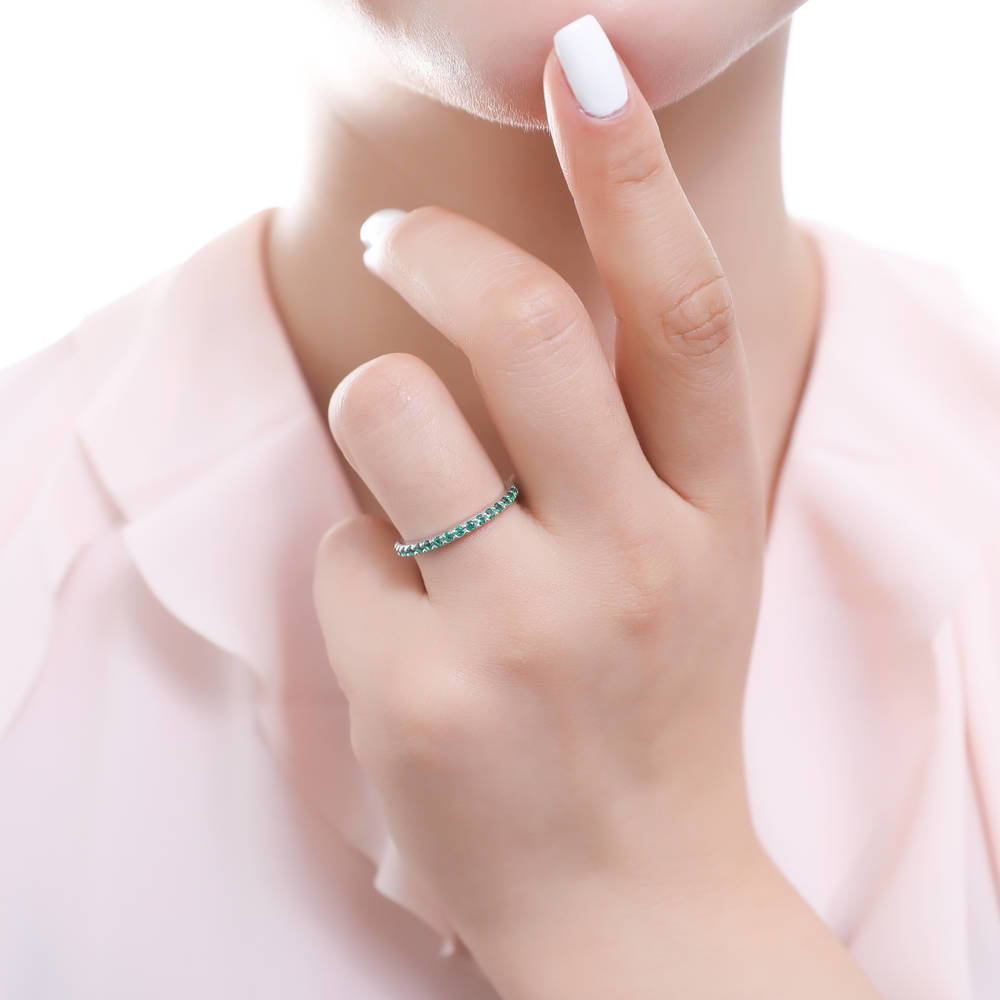 Model wearing Halo Round CZ Insert Ring Set in Sterling Silver, 6 of 7