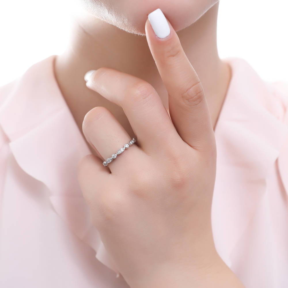 Model wearing Bubble Bezel CZ Eternity Ring Set in Sterling Silver, 7 of 8