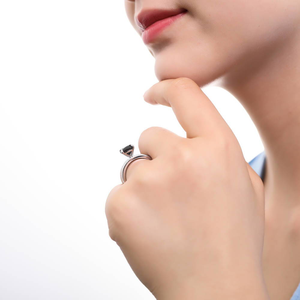 Model wearing Solitaire 3ct Black Cushion CZ Ring Set in Sterling Silver, 3 of 9