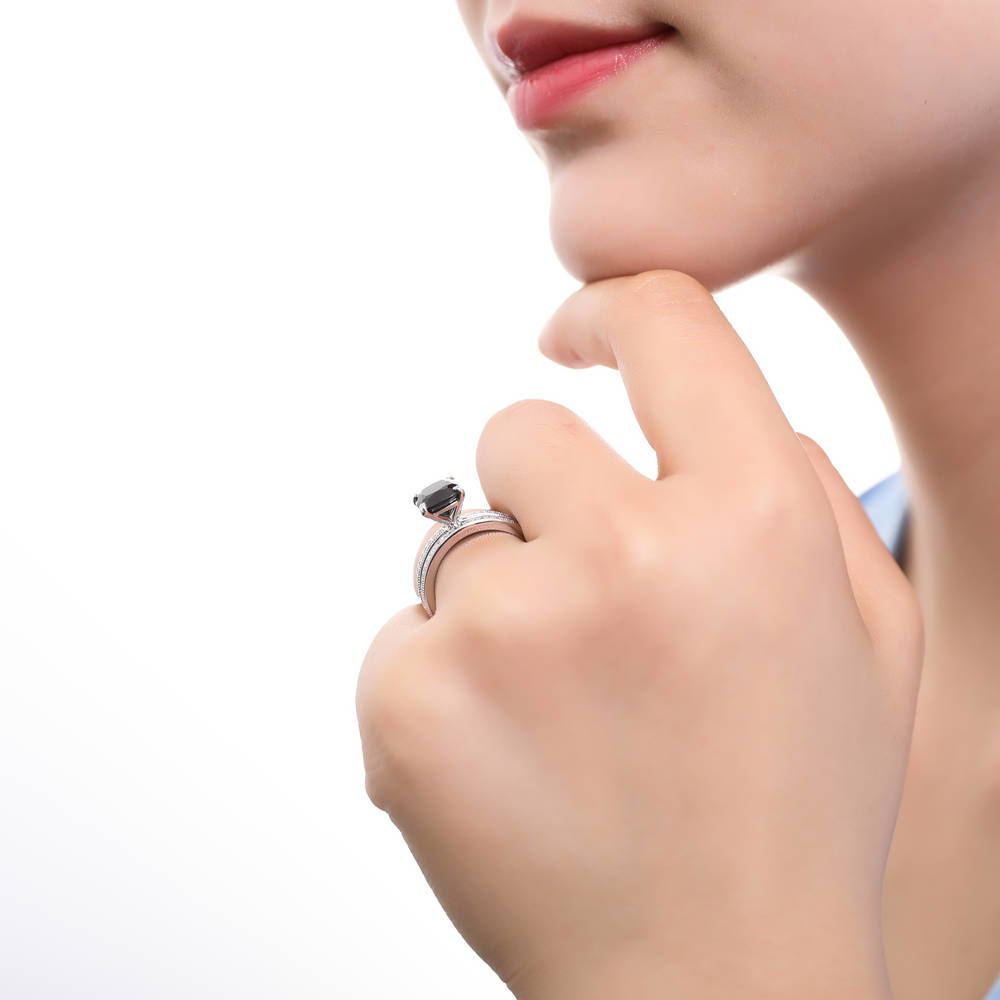 Model wearing Solitaire 3ct Black Cushion CZ Ring Set in Sterling Silver, 3 of 9