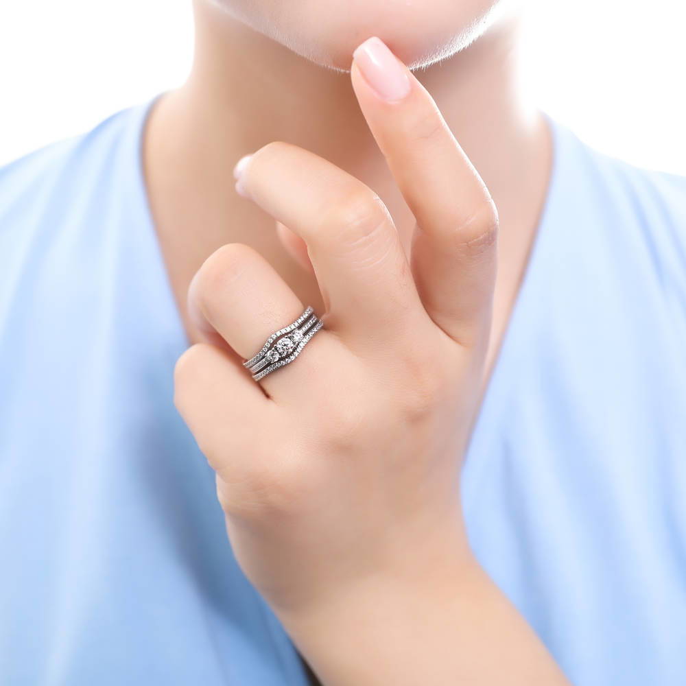 Model wearing 3-Stone Wishbone 0.25ct CZ Ring Set in Sterling Silver, 2 of 11