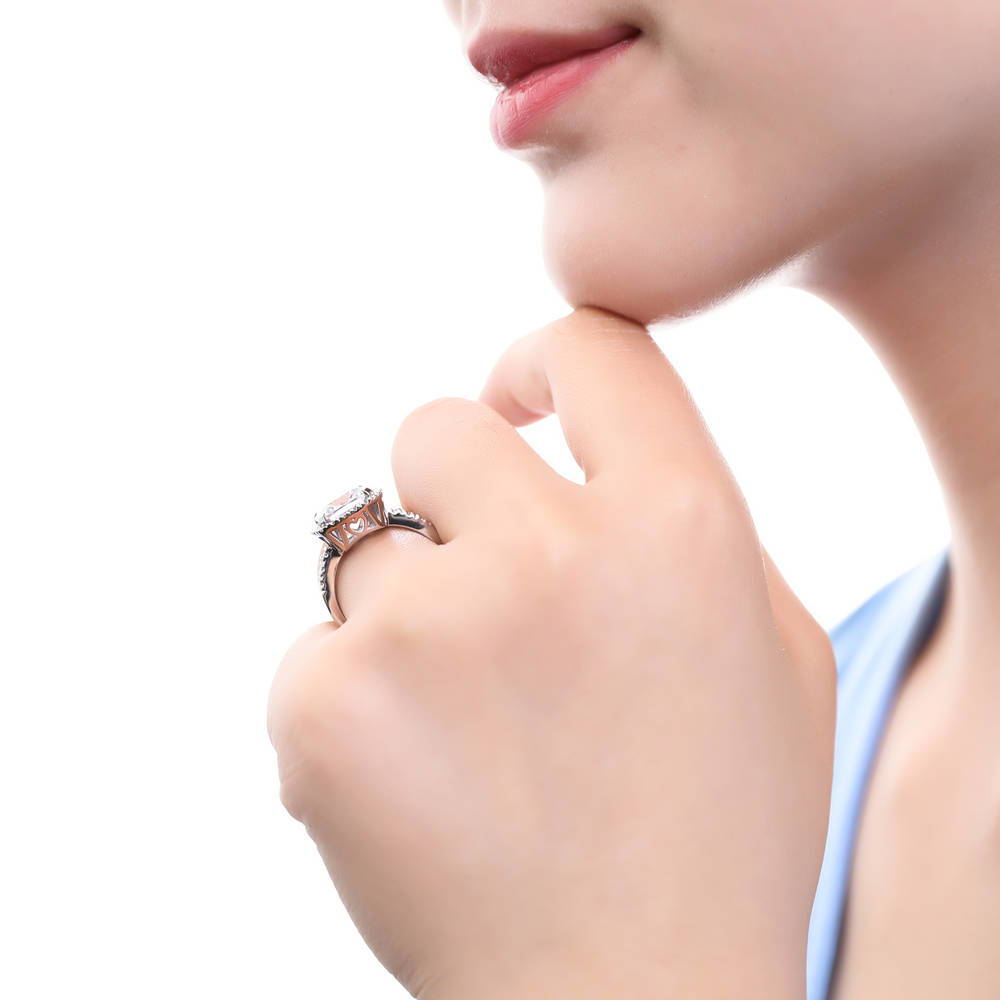 Model wearing Halo Cushion Cut CZ Ring in Sterling Silver, 6 of 12