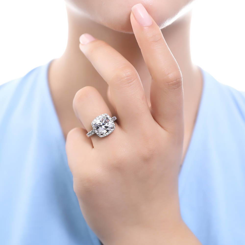 Halo Cushion Cut CZ Ring in Sterling Silver
