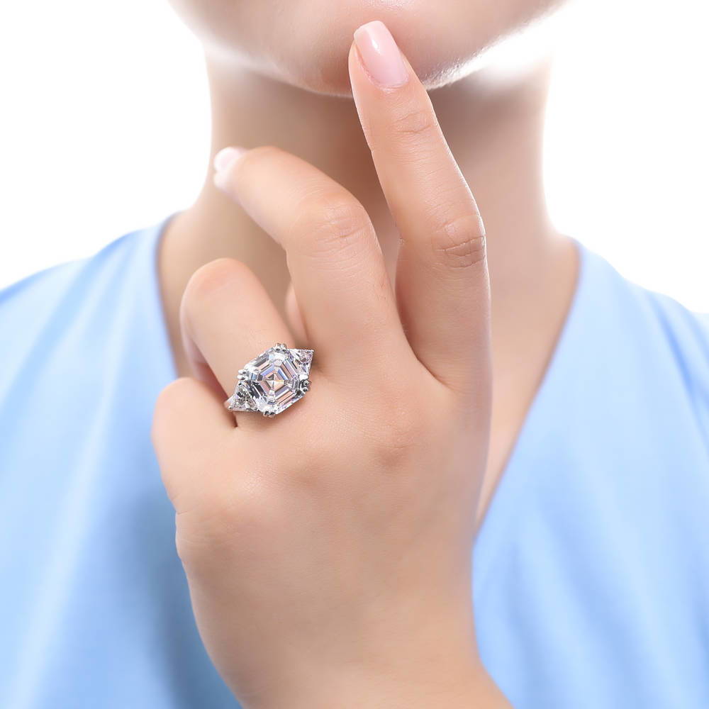 Model wearing 3-Stone 12.6ct Asscher CZ Ring in Sterling Silver, 6 of 12