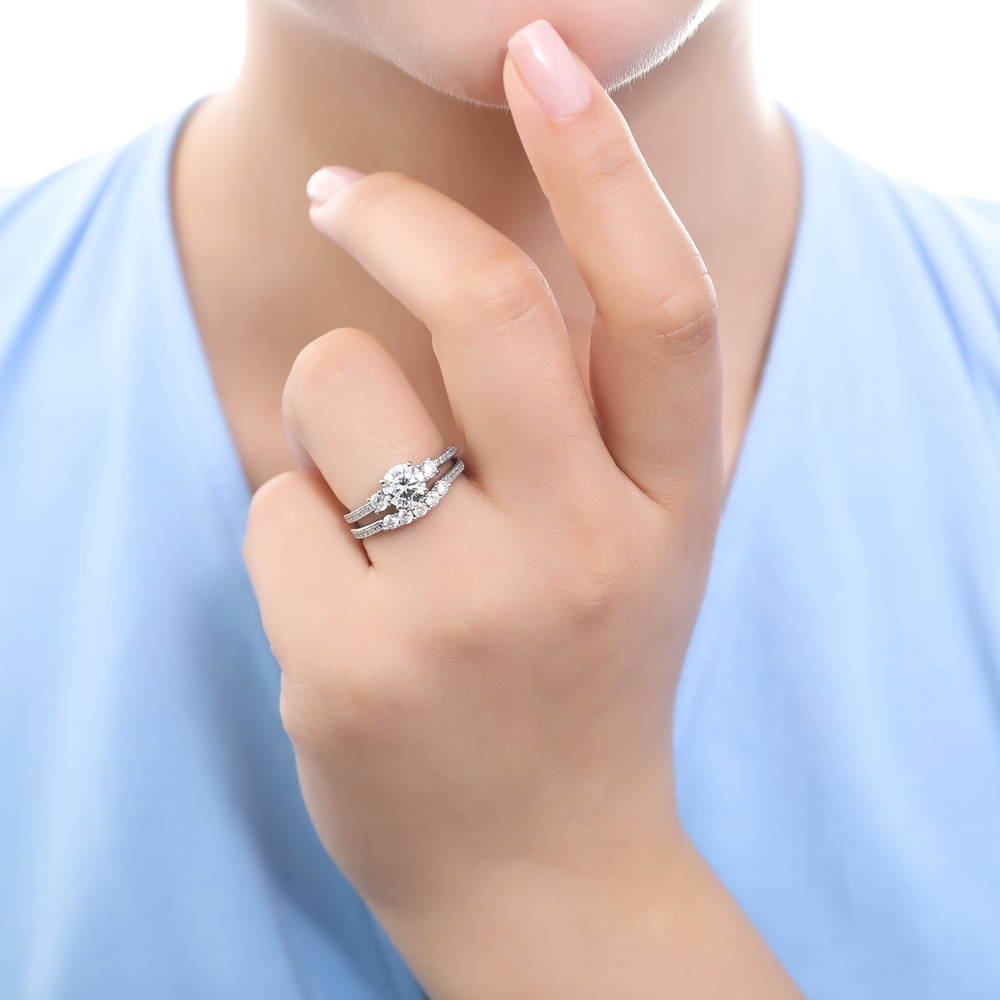 Model wearing 3-Stone 5-Stone 1.25ct CZ Ring Set in Sterling Silver, 6 of 19