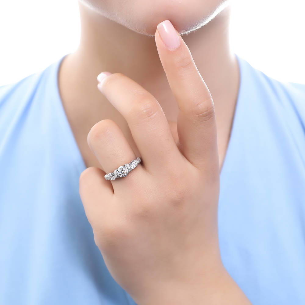 Model wearing 3-Stone Art Deco Milgrain 0.8ct CZ Ring in Sterling Silver, 2 of 6