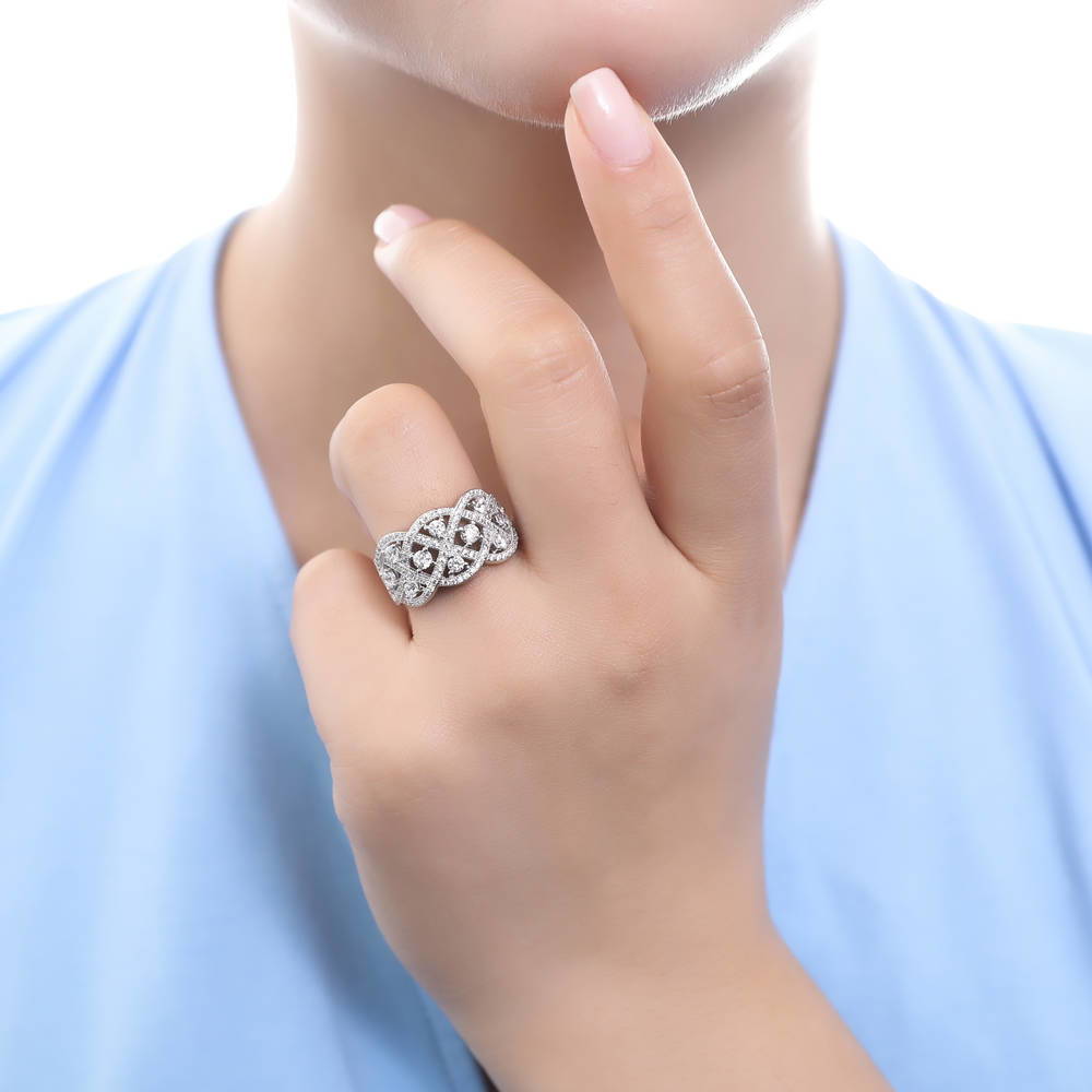 Model wearing Woven Art Deco CZ Ring in Sterling Silver, 2 of 8