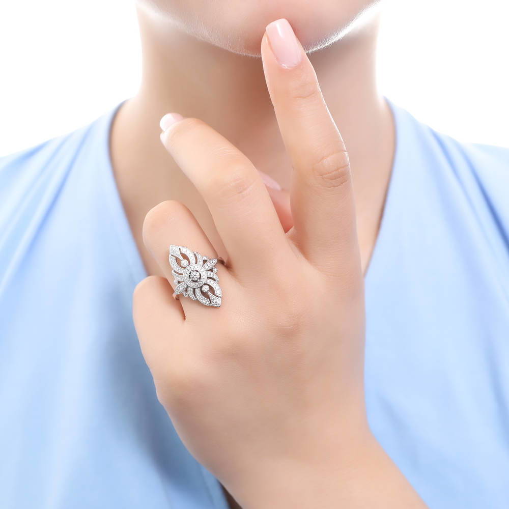 Model wearing Navette Art Deco Milgrain CZ Ring in Sterling Silver, 2 of 5