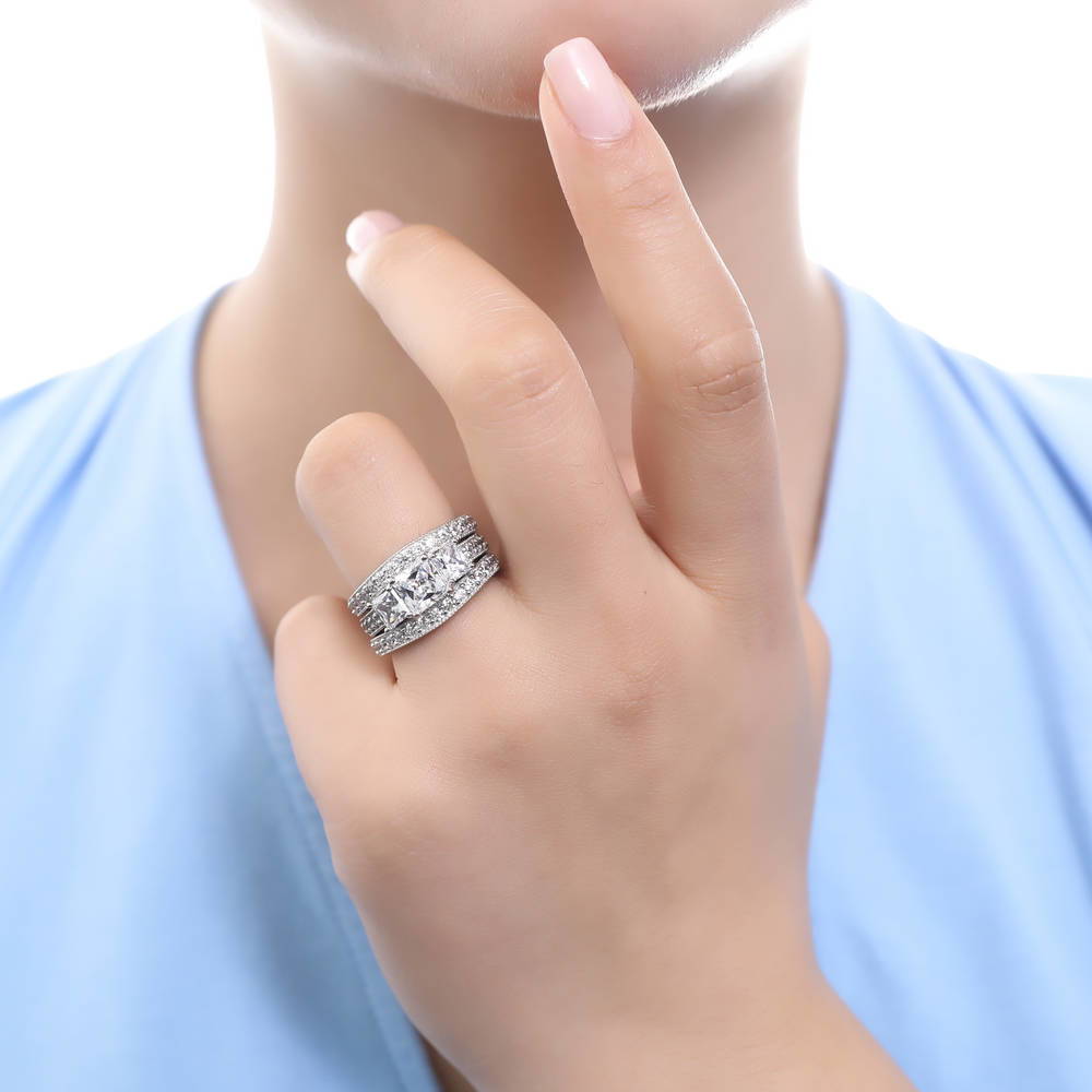 Model wearing 3-Stone 1.6ct Princess CZ Ring Set in Sterling Silver, 2 of 12