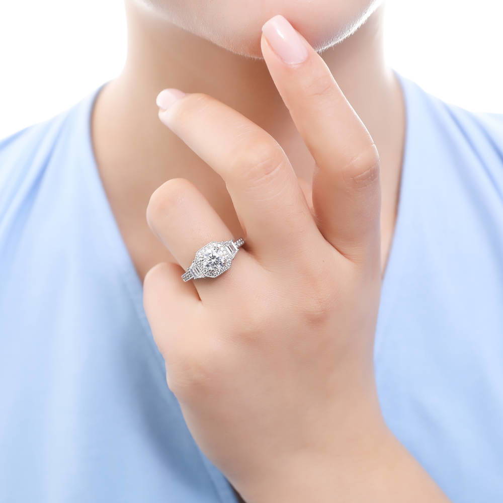 Halo Art Deco CZ Ring Set in Sterling Silver