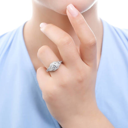 Halo Art Deco CZ Ring Set in Sterling Silver