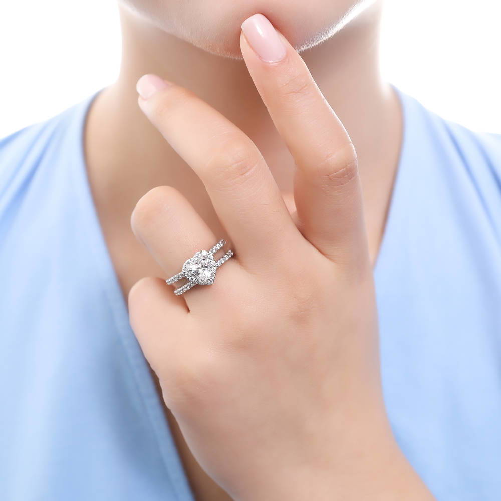 Halo Heart Heart CZ Insert Ring Set in Sterling Silver