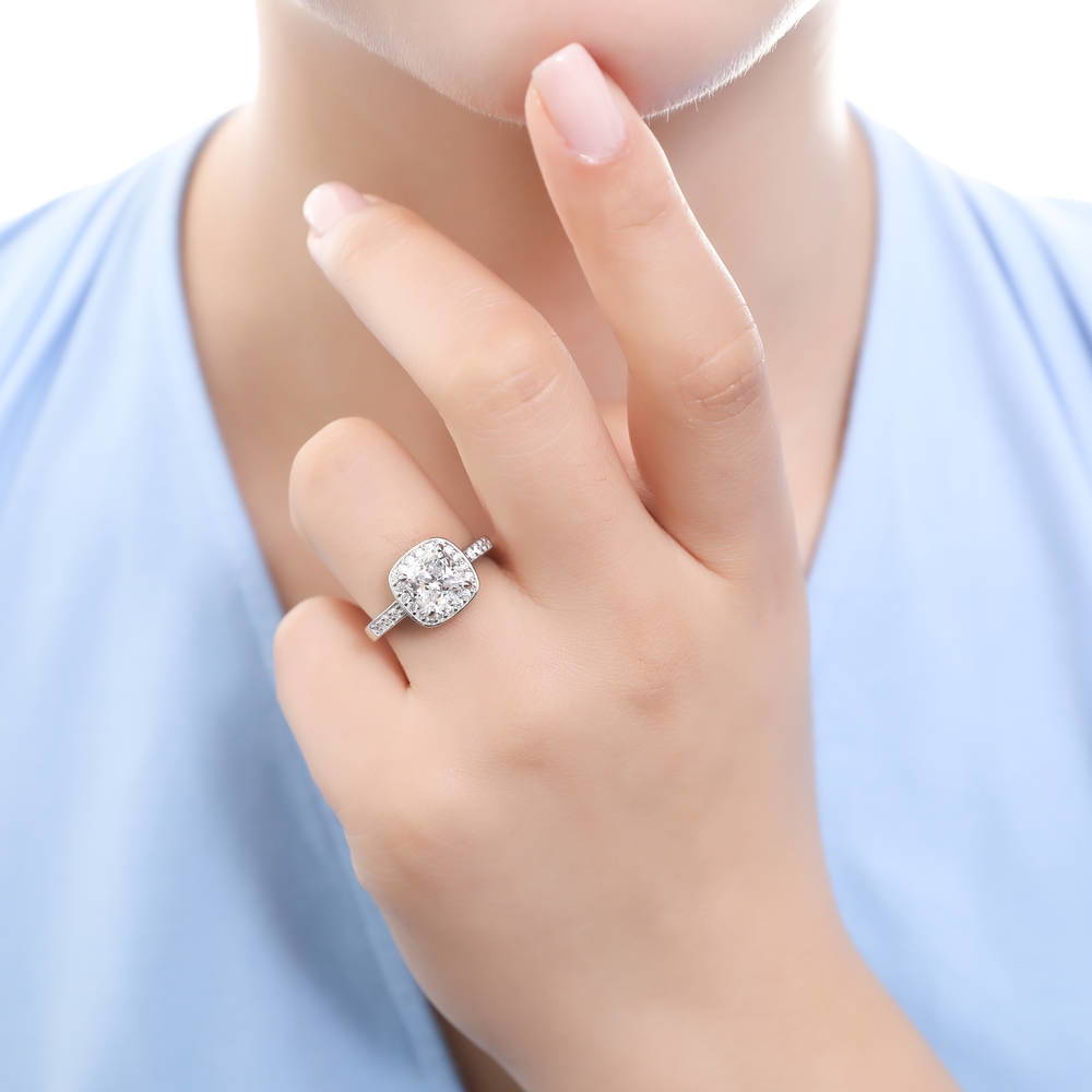 Model wearing Halo Cushion Cut CZ Ring in Sterling Silver, 2 of 9