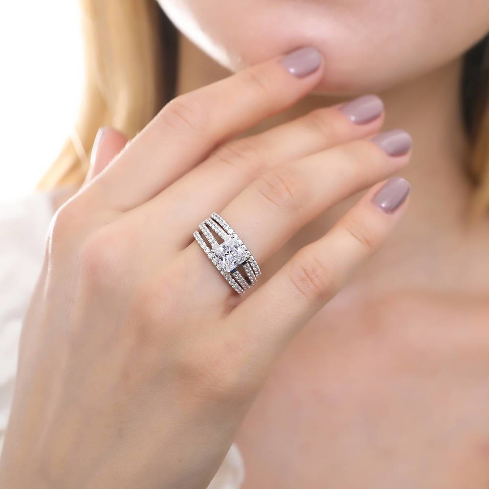 Model wearing Solitaire 2ct Princess CZ Split Shank Ring Set in Sterling Silver, 6 of 15