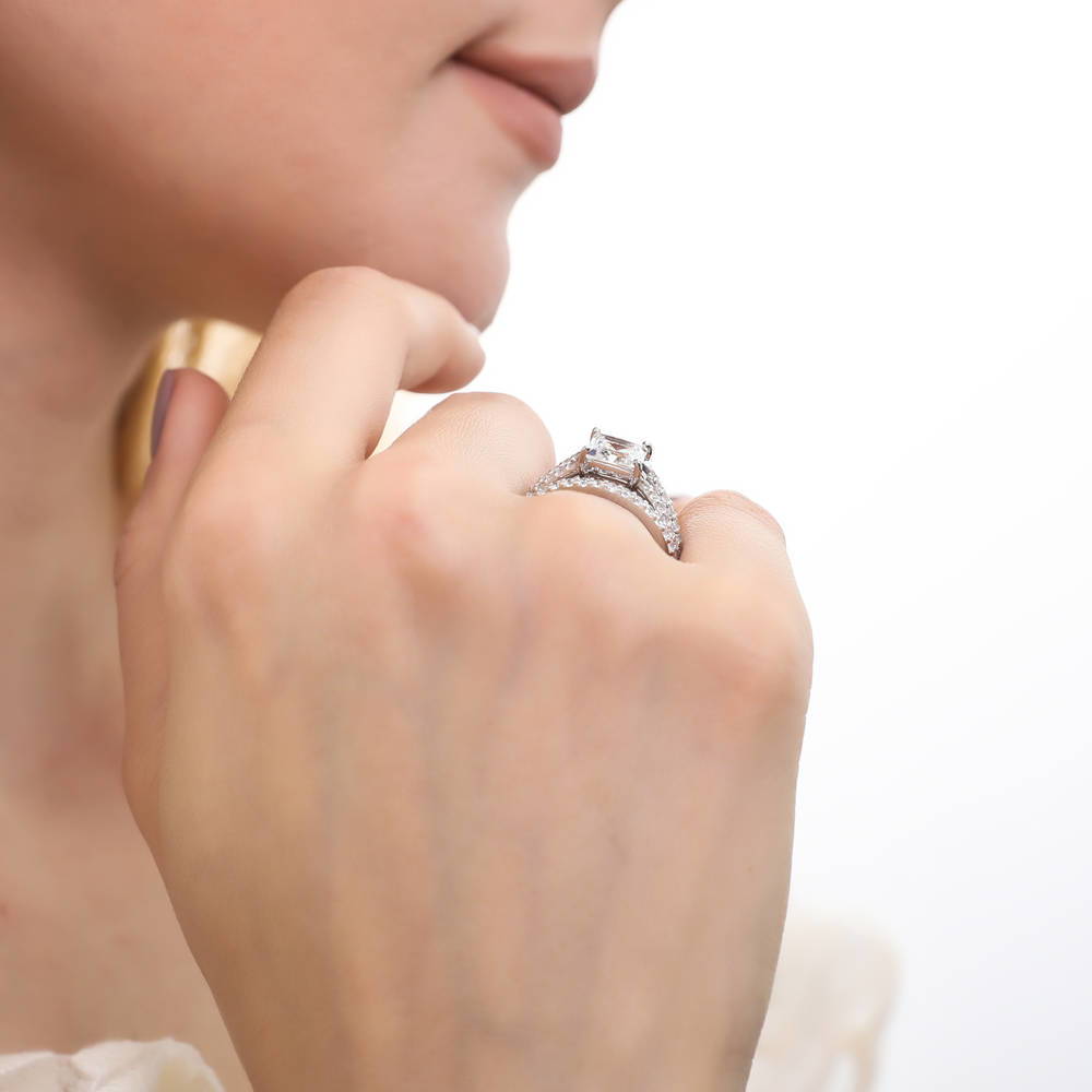 Model wearing Solitaire 2ct Princess CZ Split Shank Ring Set in Sterling Silver, 10 of 15
